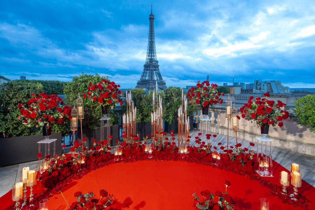 Exclusive private rooftop Paris proposal setup with Eiffel Tower view